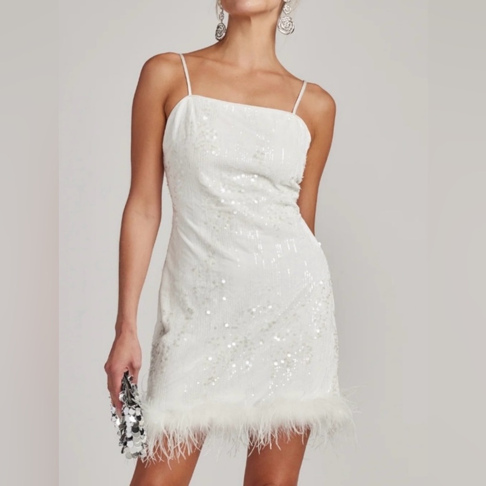 12th Tribe White Sequin Slip Dress with Feather trim